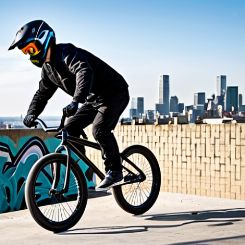 Home 6 A dynamic male BMX rider, fully clothed in modern, modest athletic wear and complete protective gear including a helmet and knee pads, executing a precise street grind on a concrete ledge in a vibrant urban environment. The background features artistic graffiti on a textured brick wall and distant city buildings under a clear sky. The image emphasizes the rider's intense focus and determination, captured with professional photography quality, perfect anatomy, correct proportions, well-formed hands, proper finger count, natural body proportions, natural pose, appropriate attire, safe for work, appropriate content, professional.