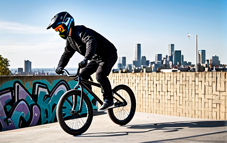 A dynamic male BMX rider, fully clothed in modern, modest athletic wear and complete protective gear including a helmet and knee pads, executing a precise street grind on a concrete ledge in a vibrant urban environment. The background features artistic graffiti on a textured brick wall and distant city buildings under a clear sky. The image emphasizes the rider's intense focus and determination, captured with professional photography quality, perfect anatomy, correct proportions, well-formed hands, proper finger count, natural body proportions, natural pose, appropriate attire, safe for work, appropriate content, professional.