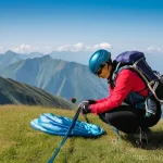 패러글라이딩 안전 수칙 - **Prompt:** A focused female paraglider pilot, in her late 20s or early 30s, dressed in modern, prac...