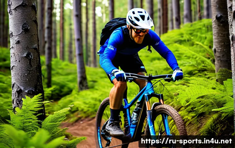 산악자전거 기본 스킬 - **Prompt 1: Dynamic Mountain Biker in Flow**
    A male mountain biker, mid-20s, with a focused yet ...