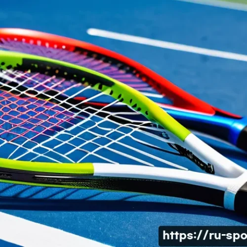 테니스 라켓 선택 가이드 - A detailed close-up of three tennis rackets with varying weights and balances displayed on a wooden ...