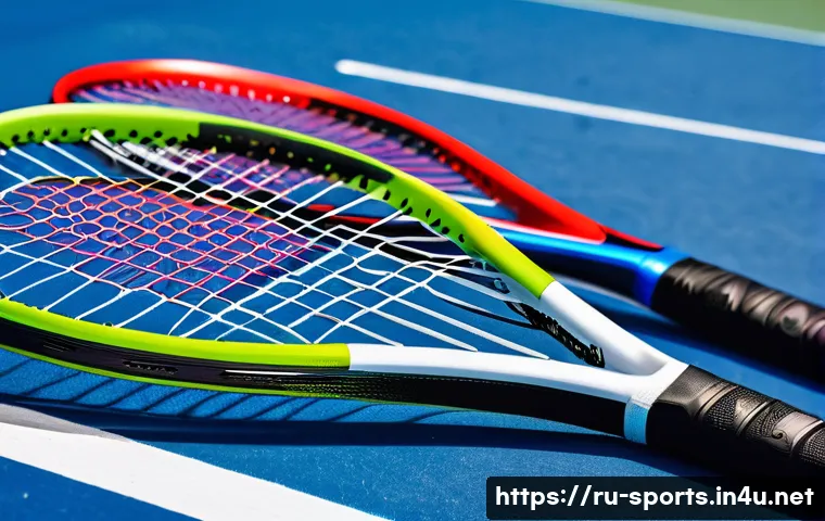 테니스 라켓 선택 가이드 - A detailed close-up of three tennis rackets with varying weights and balances displayed on a wooden ...