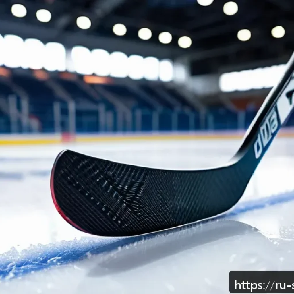 아이스하키 스틱 고르는 법 - A modern composite hockey stick leaning against the boards of an ice rink, featuring detailed textur...